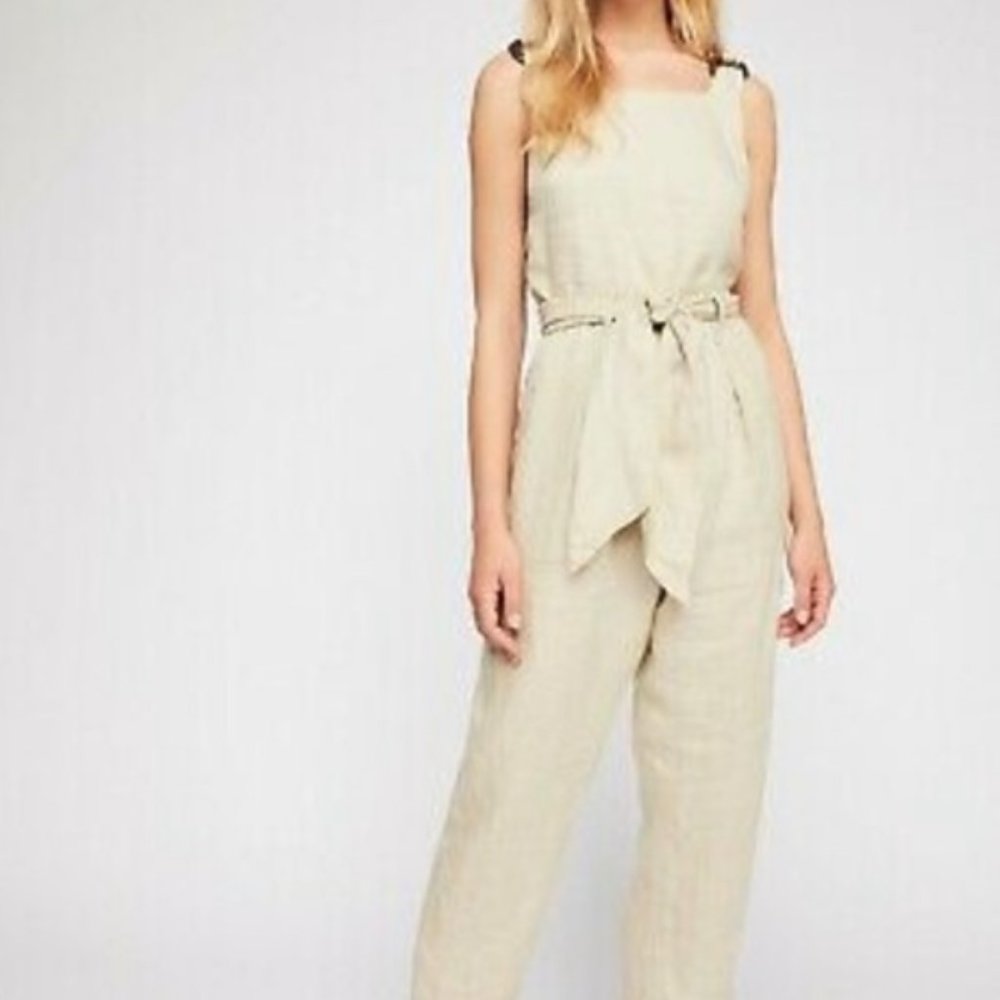Free People | Jumpsuit with Wood Buttons on Side and Wood Circle Closures